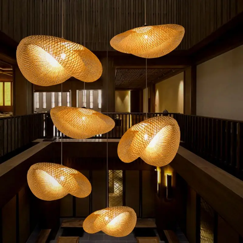 New Design Natural Woven Lamp Restaurant Decorative lighting Wooden Bamboo Chandeliers Creative Rattan Pendant light