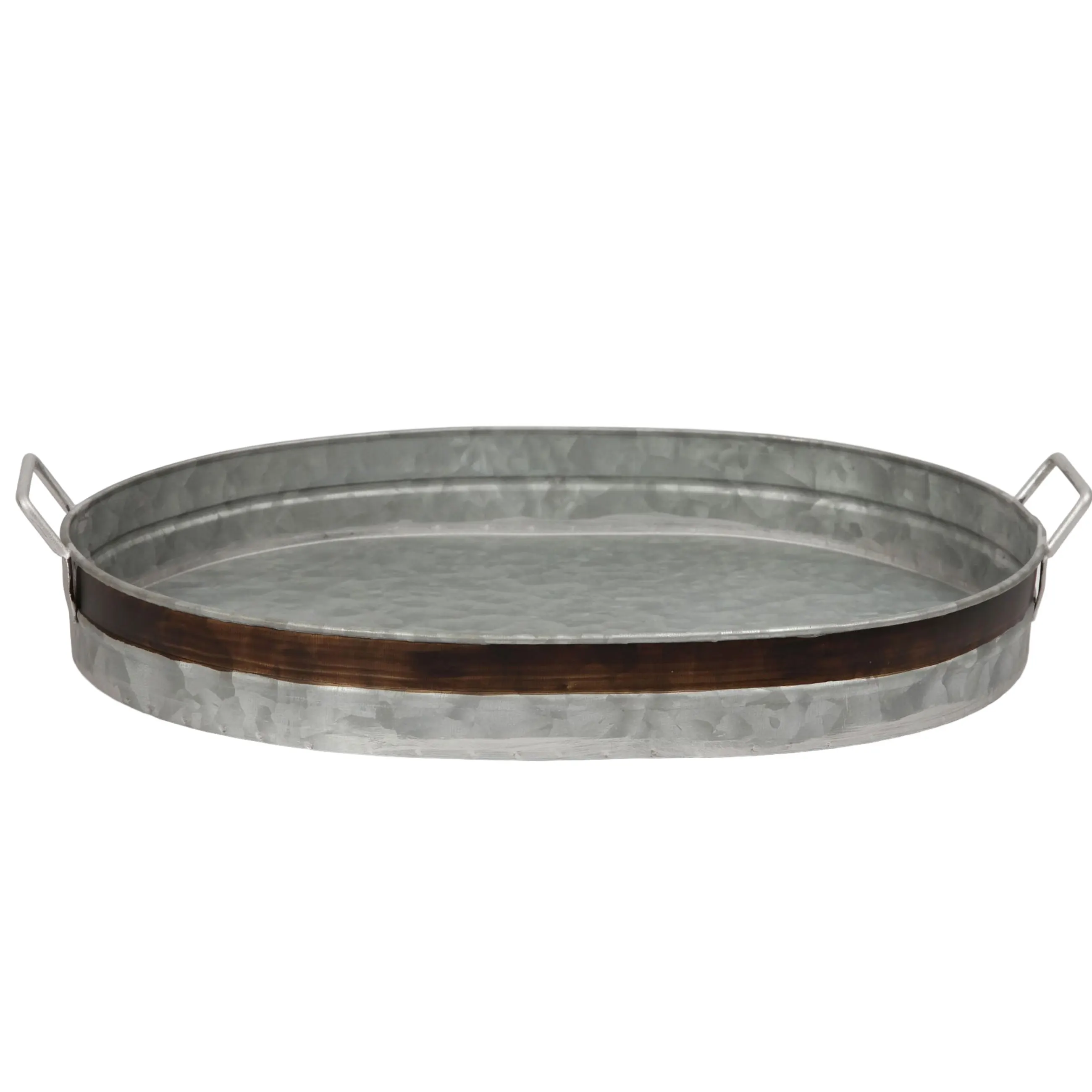 Farmhouse Style Vintage Kitchen Large Oval Gray Galvanized Steel Single Tier Serving Tray Stand With Handle