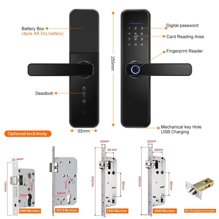 TYSH Wholesale Factory Price Electric Tuya App Wifi Fingerprint Smart Digital Door Lock Outdoor Support 4585/5050 Mortise