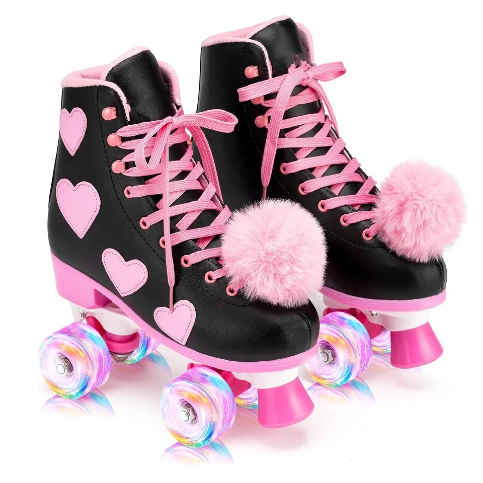 Manufactures Black Quad Flashing Roller Skate Shoes LED Light Up PU Wheels Patines Para Nias