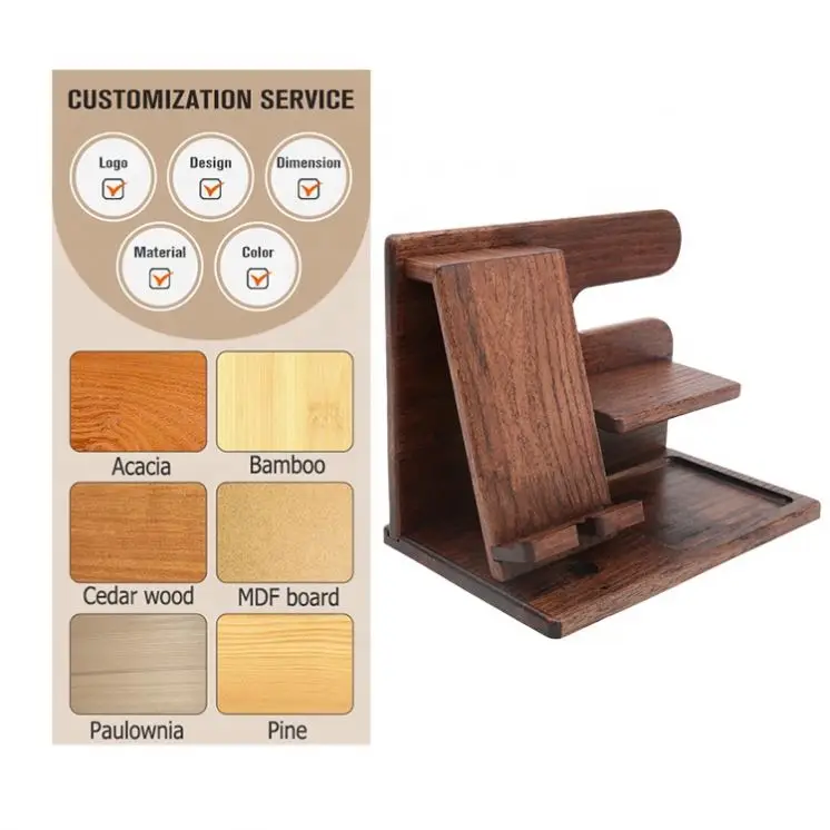 Handmade Wood Phone Stand Wallet And Watch Organizer With Key Holder Wooden Phone Docking Station For Men