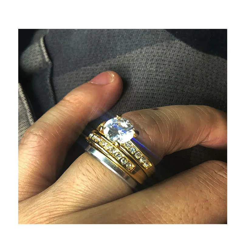 BMZ 2021 New arrival real gold ion plating zircon wedding rings set couple size 6/7/8/9