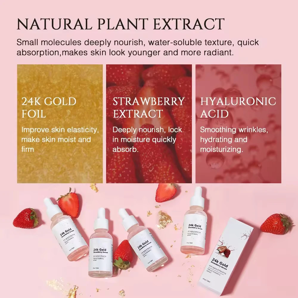 OEM ODM Private Label 24K Gold Strawberry Skin Brightening Whitening Anti Aging Wrinkle Face Serum