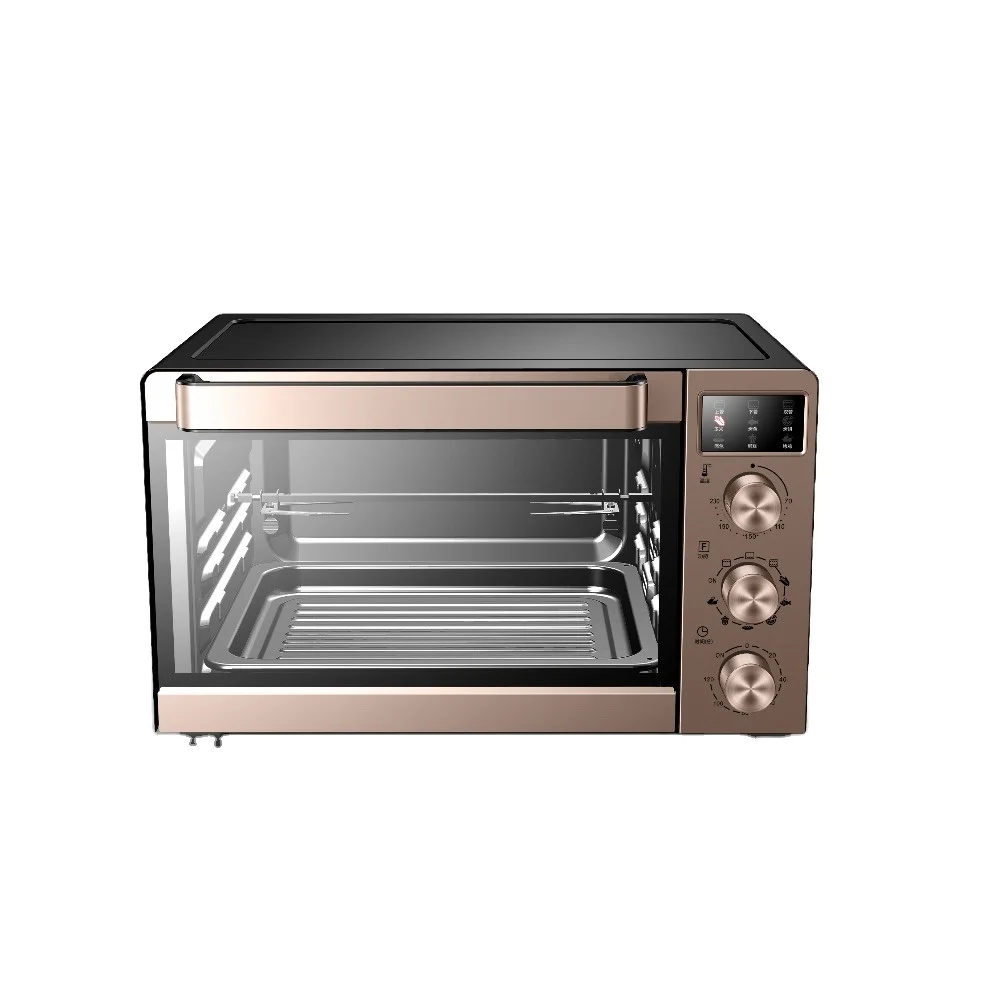 Zhongshan latest home use 35L 1600W countertop LED display red electric deck toaster oven with chicken rotisserie