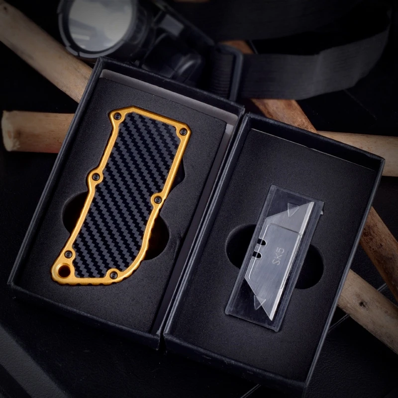 UK-1706 Pocket EDC Aluminum Alloy Shell Double Action Auto Switchblade Box Cutter Razor Knife OTF Utility Knife