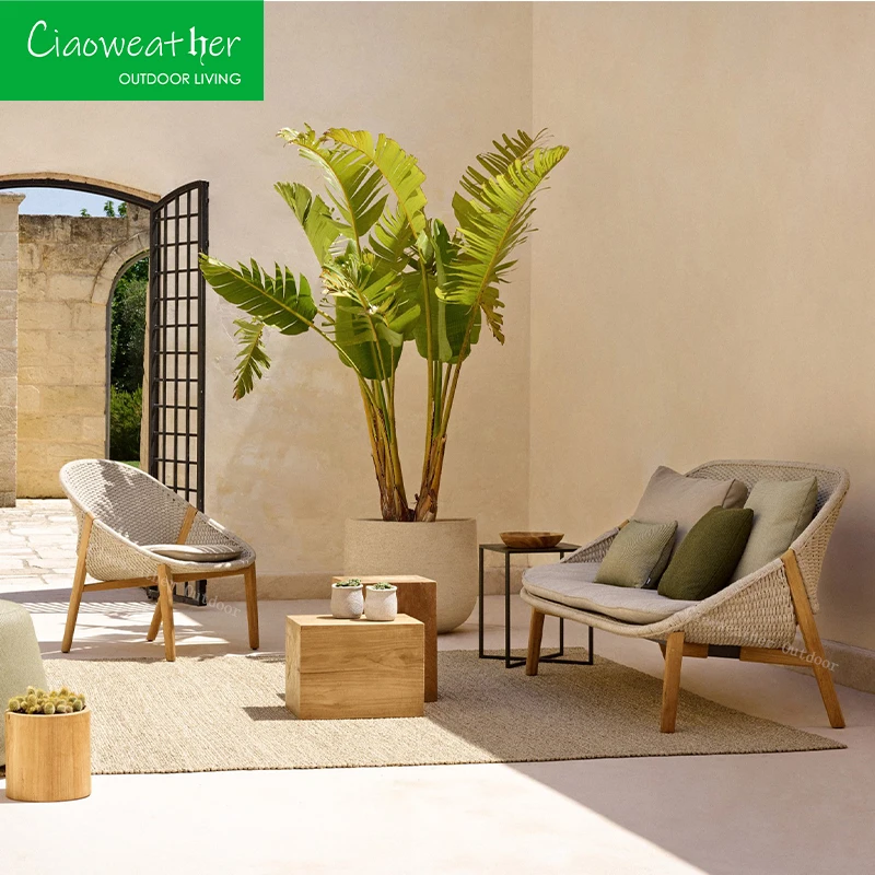 Luxury outdoor chair teak garden sofa rattan garden furniture set sofa with waterproof upholstery cushion