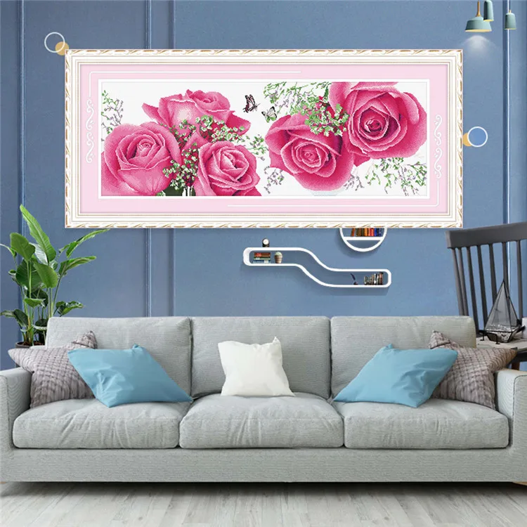 Textile Crafts Manufacturer Direct Sale Home Decor Accessories Rose Butterfly Picture Aida Fabric Cross Stitch Kit Living Room