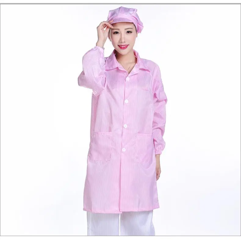 Dustproof 5mm Stripe Polyester Antistatic Work Uniform Cleanroom Smock Gown Reusable ESD Coat
