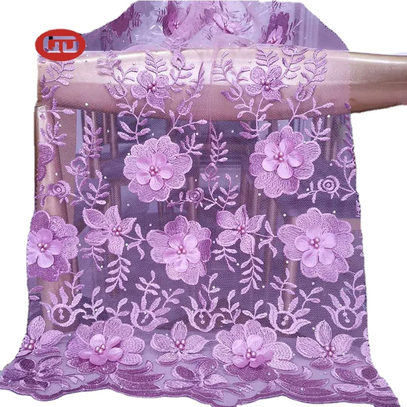 Fancy violet  Tulle Lace Embroidery Fabric with lulu for Women wedding dress