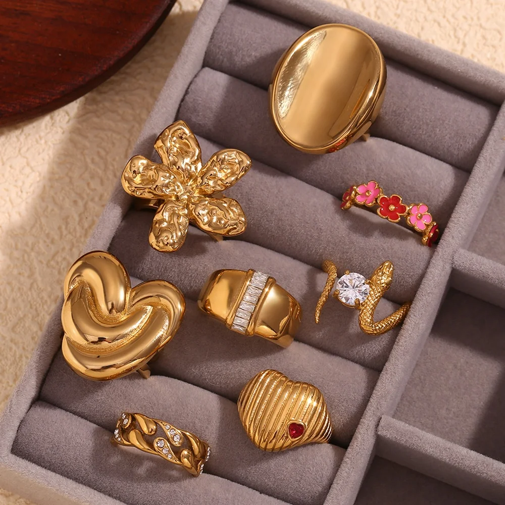 2024 Trends Gold Plated Ring Sets For Girls Waterproof Statement Rings Stainless Steel Jewelry
