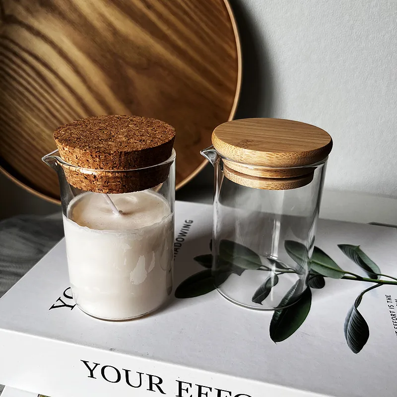 Empty  clear cork or bamboo lid borosilicate glass container jar with spout for handmade body massage Soy Wax candle making