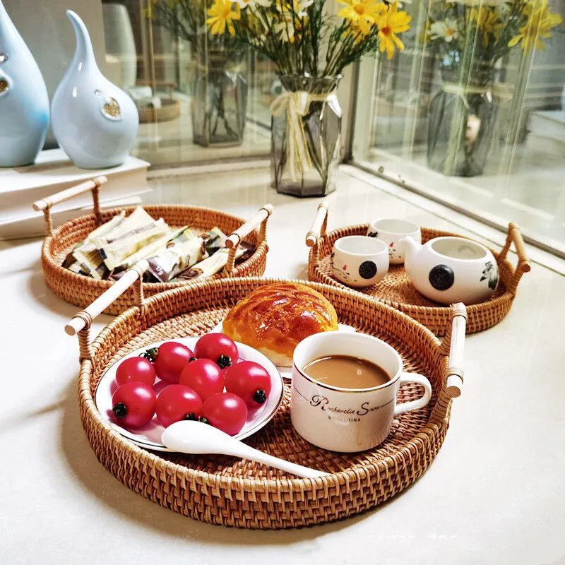 Decor Storage Food Storage Holders & Racks Rattan Tray Wooden Handle Real Bamboo Handmade Natural Round Food Container 5-7 Days