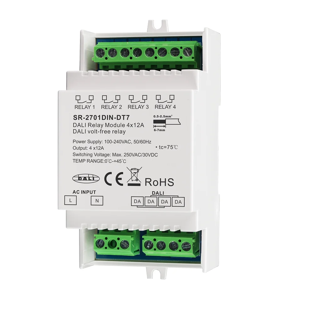 4 Channels DIN DALI Relay Module 12A/Channel LED Incandescent Lamp Halogen  light Small Size ON/OFF