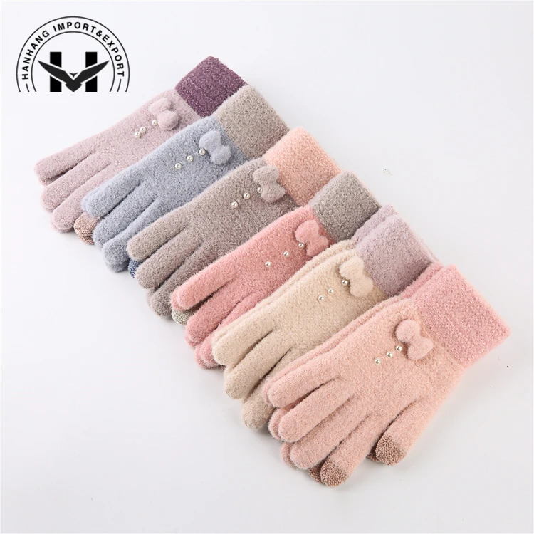 
Новая акриловая варежка для сенсорного экрана, нескользящая теплая Варежка, вязаная варежка на весь палец с жемчугом 