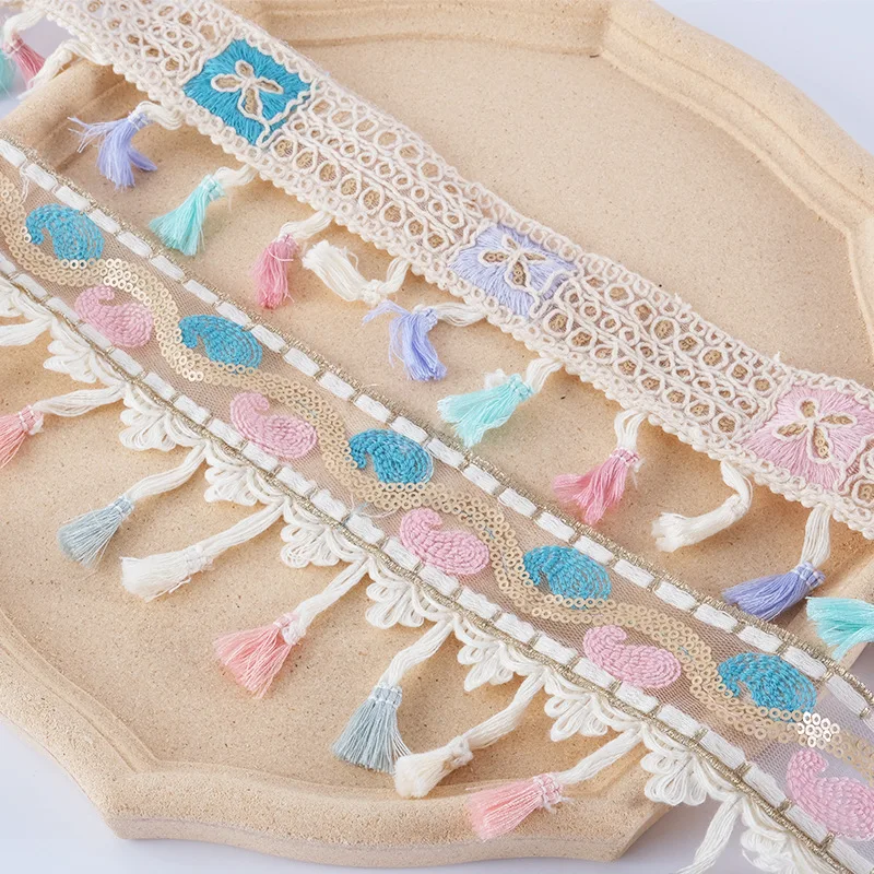 Width 6-9 CM Cotton sequins ethnic pom pom trim Colorful Metallic ball broom fringe Tassel lace For curtain Garment Accessories
