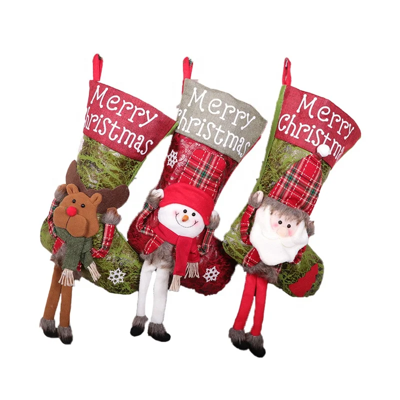 red christmas stocking decoration supplies with 3D Santa Claus for Christmas Eve