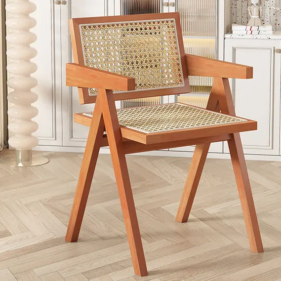 Customizable Size Low MOQ Party Events Hot Selling Wooden Rattan Chairs with Armrests for Hotel Cafes