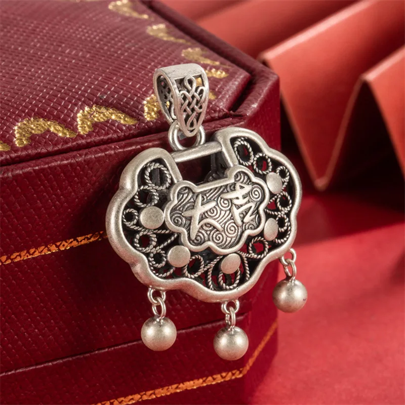 Chinese style S999 silver silver safe lock sterling silver pendant New Chinese ancient silk long life lock single pendant