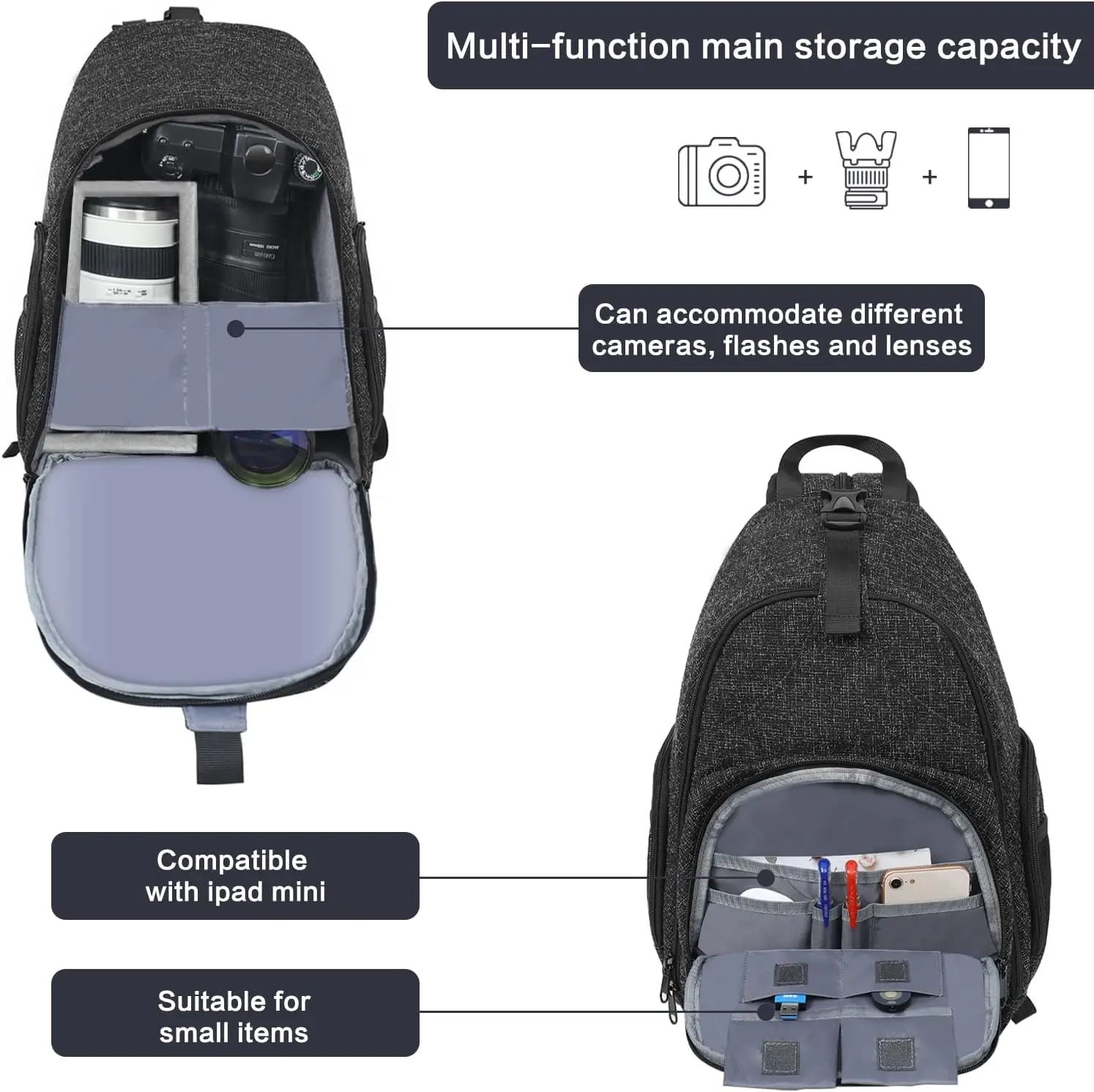 Camera Bag Sling Backpack, DSLR/SLR/Mirrorless Photography Waterproof Camera Case Crossbody Shoulder Bag with Tripod Holder