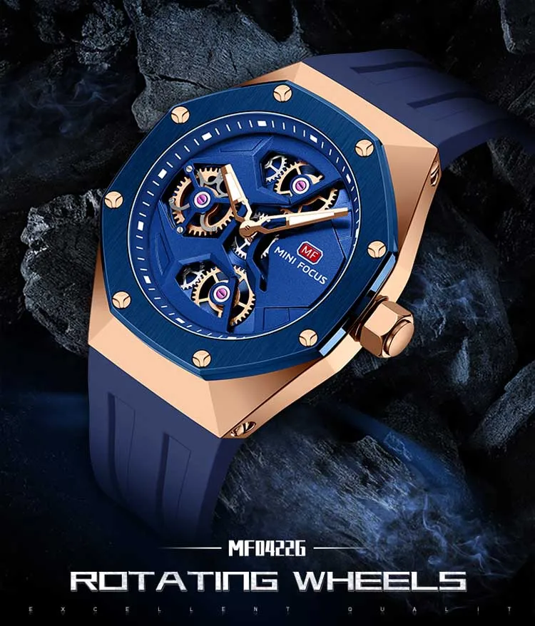 Mini Focus MF0422G Wholesale Blue Gents Quartz Watch Stylish Silicone Band Water Proof Skeleton Vintage Casual Wrist Watch