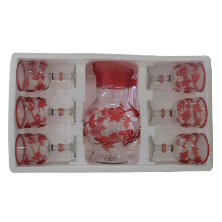 
Hot Sale 7pcs Glass Drinking Jug Sets Cups Sets with Spray Deco Color 