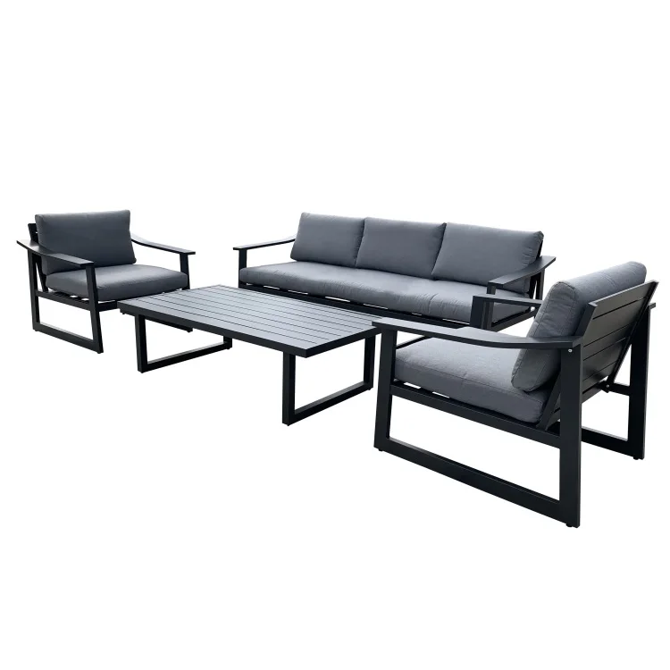 High-end outdoor patio wood grain sofa set 4PCS aluminum conversation sofa with cushion garden metal sofa set with coffee table