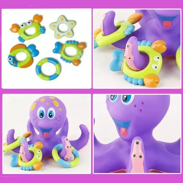 Eco-friendly Funny Cartoon Hot Sell Floating Purple Octopus with 5 Hoopla Rings Interactive baby Bath Toy for kid gift