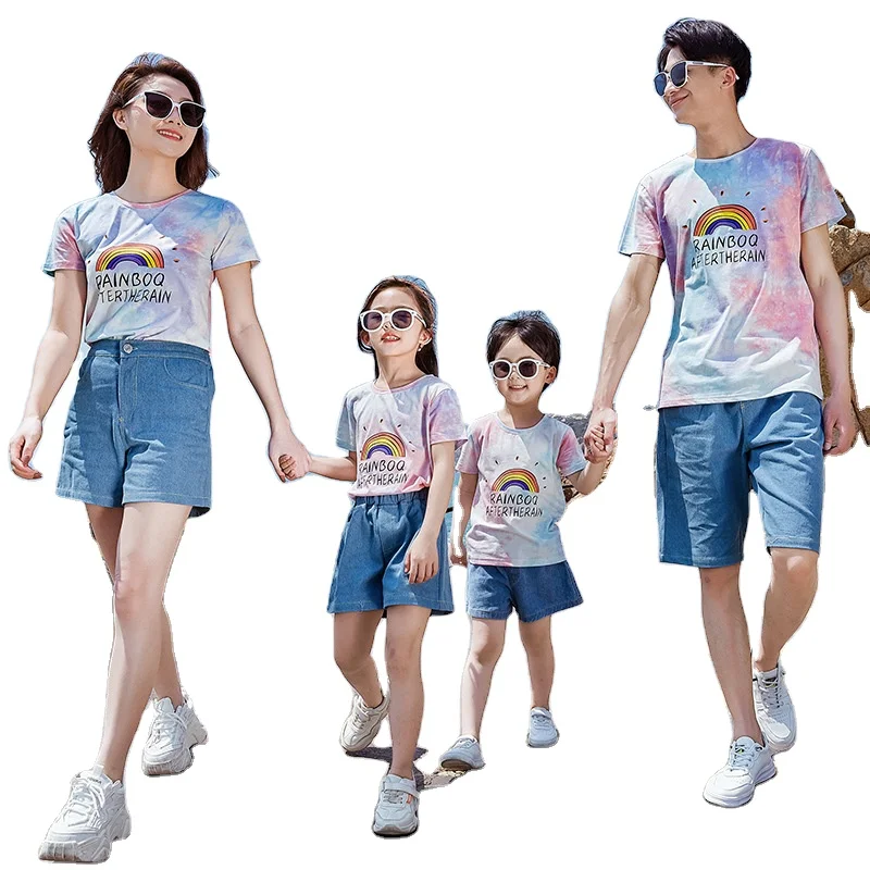 Mother-Daughter Parent-Child Dress Summer Dress Mother-Child Family of Three and Four Short Sleeve T-shirts Whole Family Sports