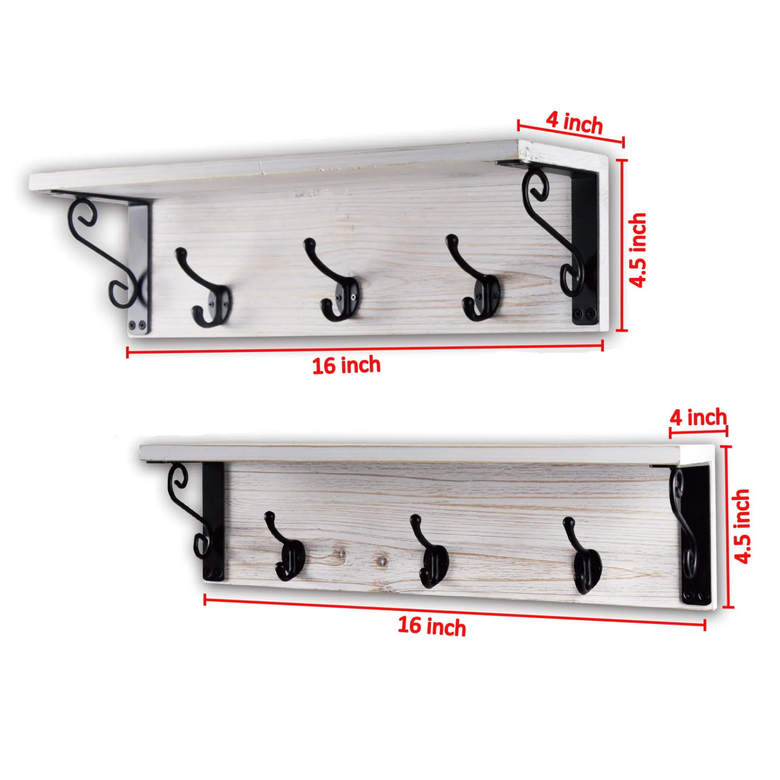 Set of 2 Solid Wood Coat Hat  Hook Hanger Wall Mounted Floating Shelves With Durable Metal Hooks