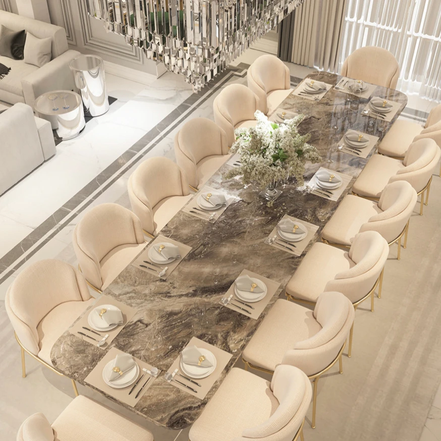 Italian luxury brown texture marble console 14 seats metal legs dining room furniture tufted metal dining chair