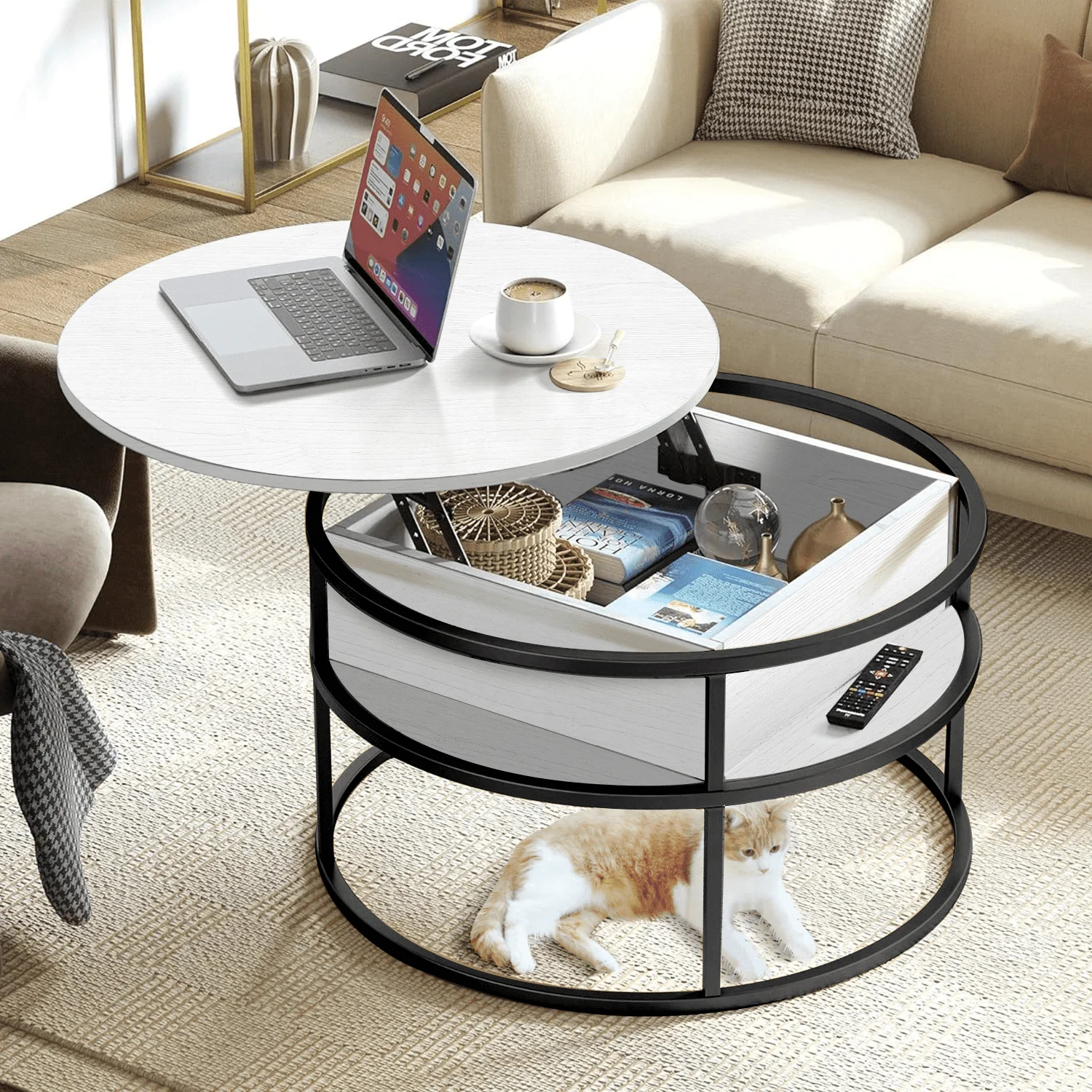 Modern Black White Circle Lift Top Round Home Office Wooden Living Room Center Coffee Tables Set with Hidden Storage