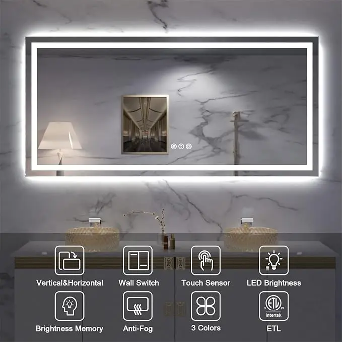 72'x 40' LED Mirror frameless for Bathroom with Front and Backlight,Large Dimmable Wall Mirrors with Anti-Fog