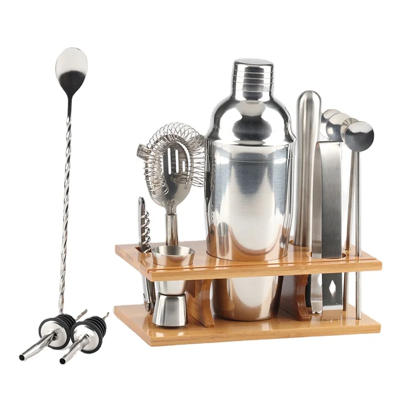 12pcs  bartending kit silver color metal stainless steel barware set cocktail shaker set with bamboo stand