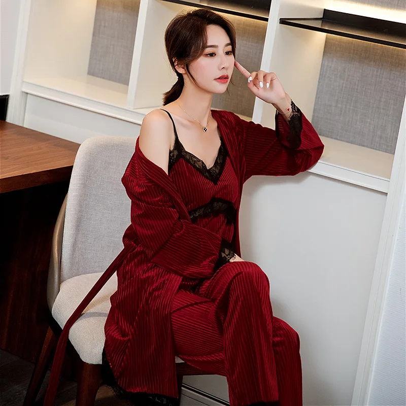 
Good Quality Cheap Price Lace Decoration Velvet 3 Pieces Women Lounge Wear 