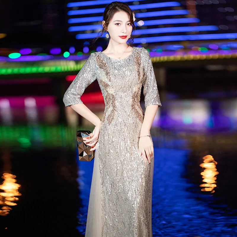 Sequined Formal Evening Gown Wedding Party Dress Birthday Outfit Women