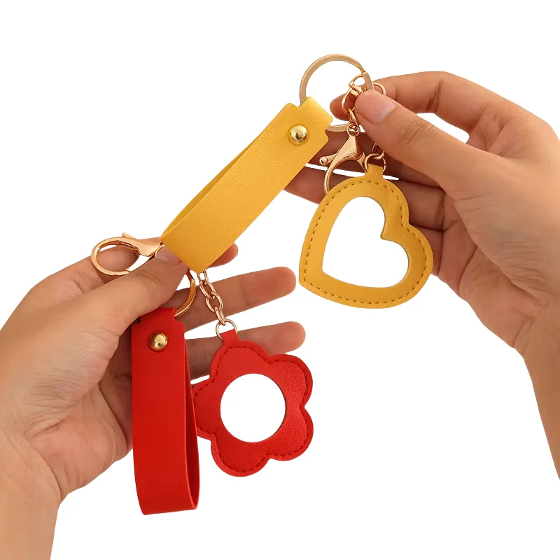 2024 Wholesale Pu Leather Tassels Car Key Ring Mini Kawaii Metal Make-up Mirrors Keychain