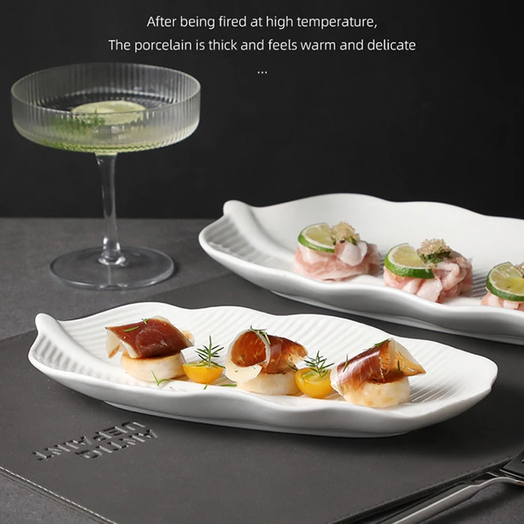 Nordic Ins style white Ceramic feather banana leaf plate porcelain sushi dessert plate barbecue Tray hotel tableware