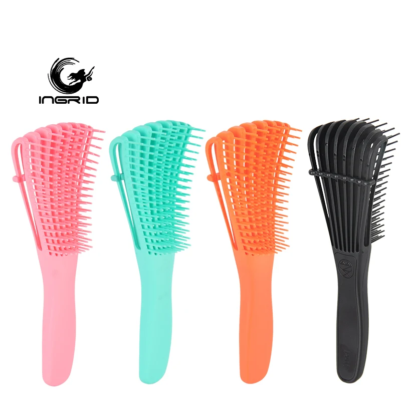 Custom Logo Plastic Octopus Eight Rows Black Hair Detangler Brush  Scalp Care  Detangling Brushes For Woman
