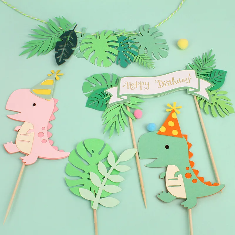 Children happy birthday green jungle dinosaur theme cake toppers safari set for kids birthday party cake decoration supplies