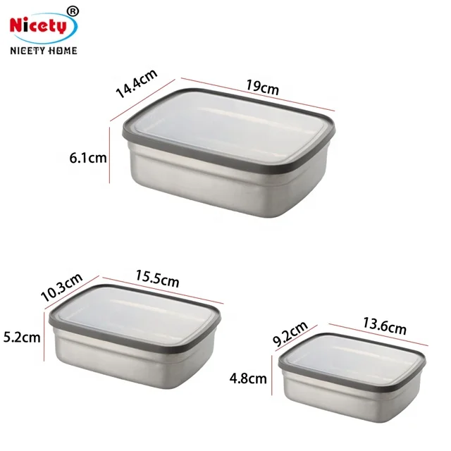 Rectangle 3 in 1 stainless steel 304 storage box plastic lid leak proof lunch box refrigerator food containers for kitchen
