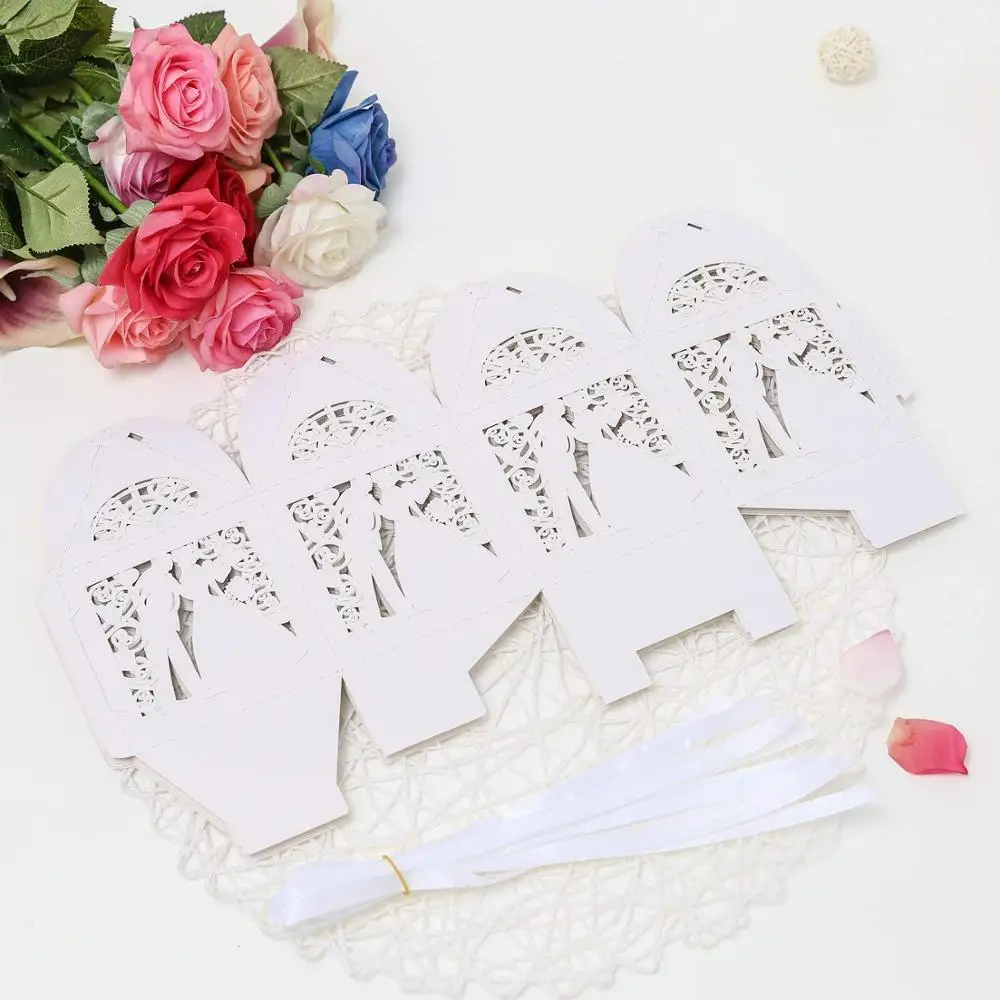 Wholesale Wedding Candy Favors Box Laser Cut Bride Groom Pearl Paper Party Wedding Favor Ribbon Candy Boxes Large Size Gift Box