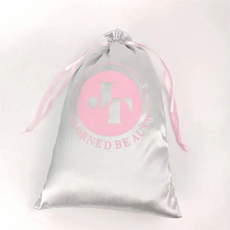 Wholesale price silky satin custom logo drawstring bag for bundles