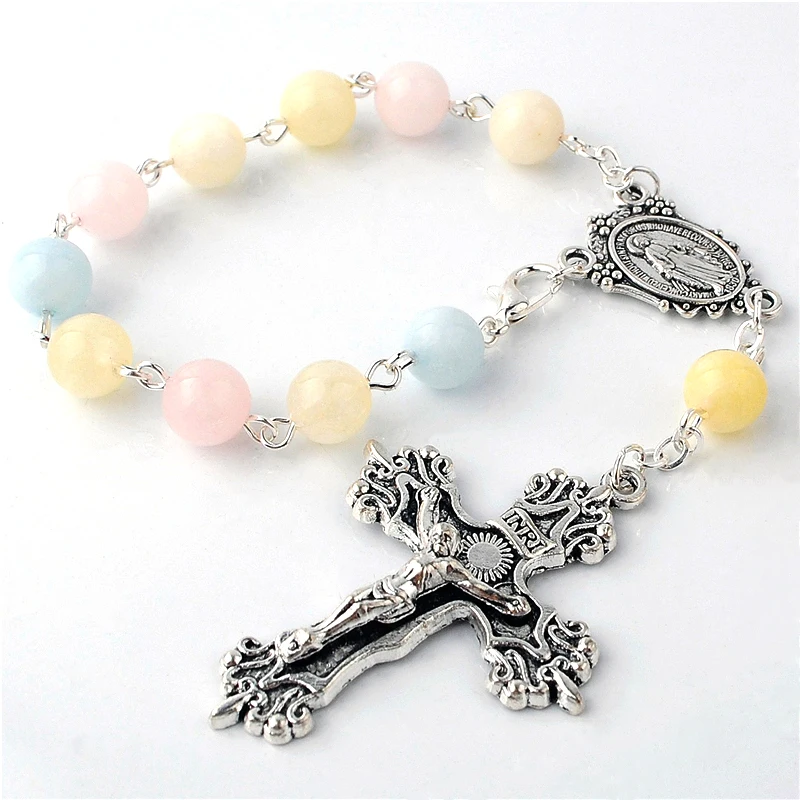 8mm Morgan Stone beads catholic one decade car rosary with Our Lady of Grace Center piece and religious crucifix pendant