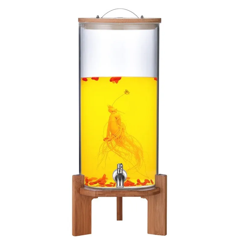 Заводская Прямая поставка диспенсер для сока из боросиликатного стекла водный большого размера напитков с краном и бамбуковой