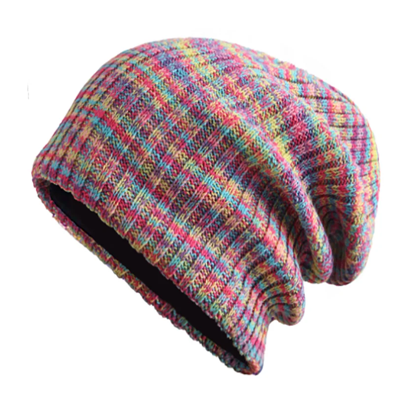 European And American Autumn And Winter Pile Hat Mixed Color Knitted Wool Hat Double Layer Fleece Warm Pullover Hat Couple Model