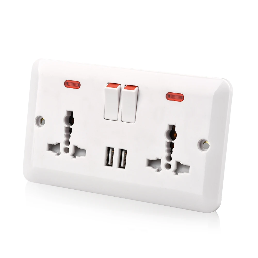 UK standard 13A 2 gang wall charger universal socket outlet with dual USB