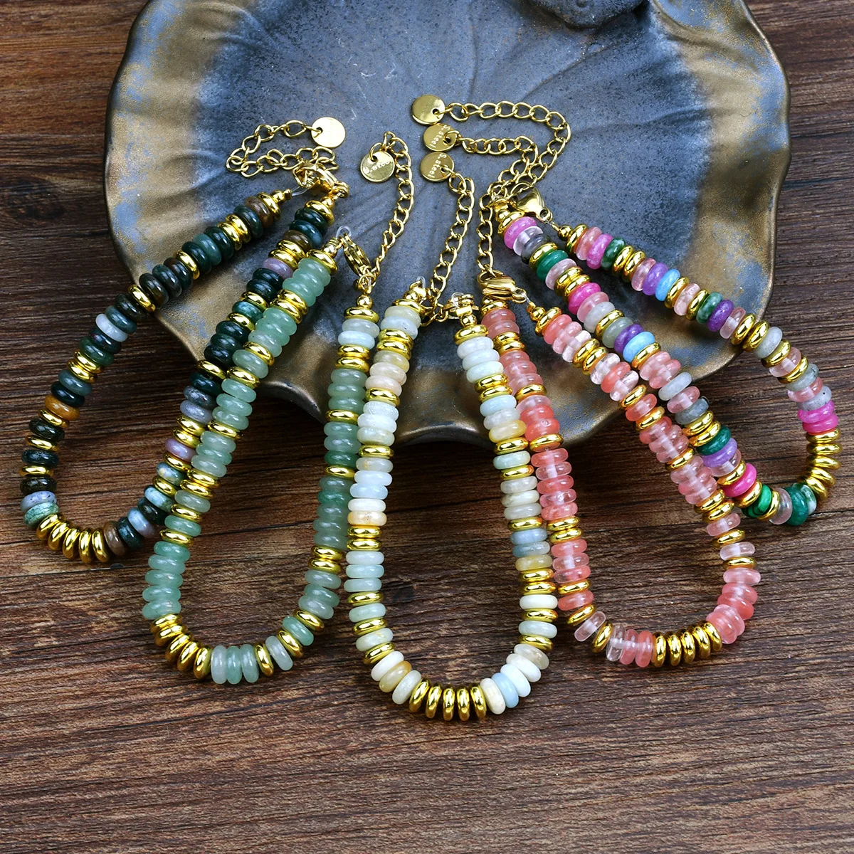 Bohemian Stone Bracelet for Women Stainless Steel Chains Handwoven Adjustable Natural Gemstone Stretch Boho Beaded Bracelet