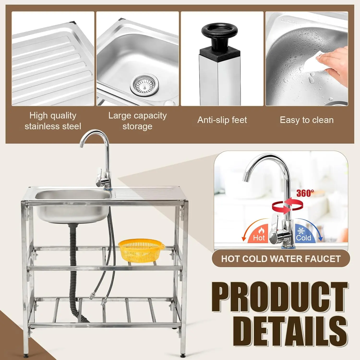 Tandefio Stylish Single Bowl Stainless Steel Freestanding Outdoor Kitchen Utility Sink Set Commercial Restaurant Portable Sink