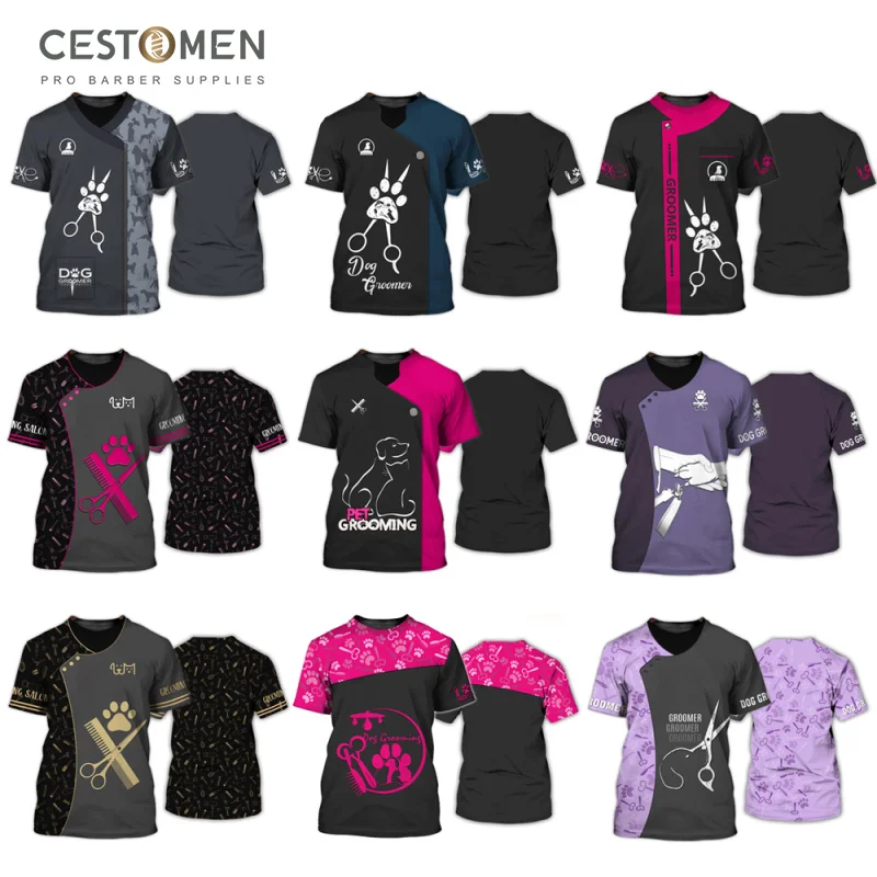 CESTOMEN 3D Print Custom Logo Pattern Pet Groomer Uniform Smock T Shirt Oversized Short Sleeve Dog Grooming Uniform For Pet Shop