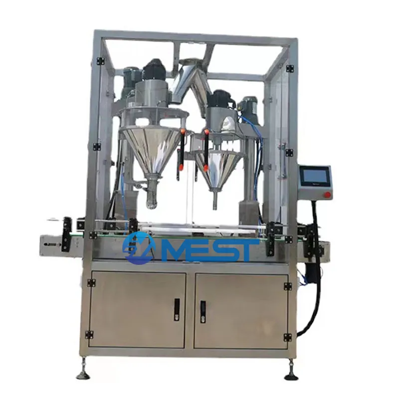 Double Heads Whey Protein Isolate Powder Filling And Sealing Machine Milk Coffee Cocoa Canning Machine With Capper Screwing